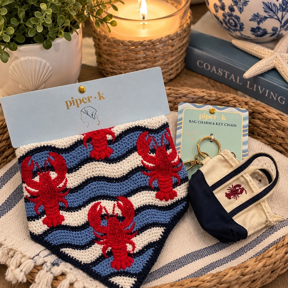 Piper K Lobster Knit Bandana and Matching Mini Tote Bag Charm Key Chain Set